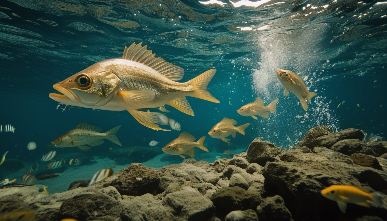 Meriam permainan menembakkan proyektil bercahaya ke arah kawanan ikan di bawah laut.