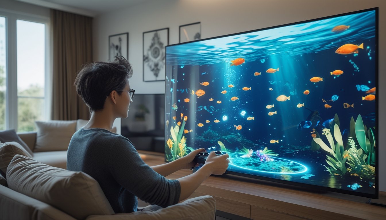 Seorang pemain menikmati permainan tembak ikan digital di rumah.