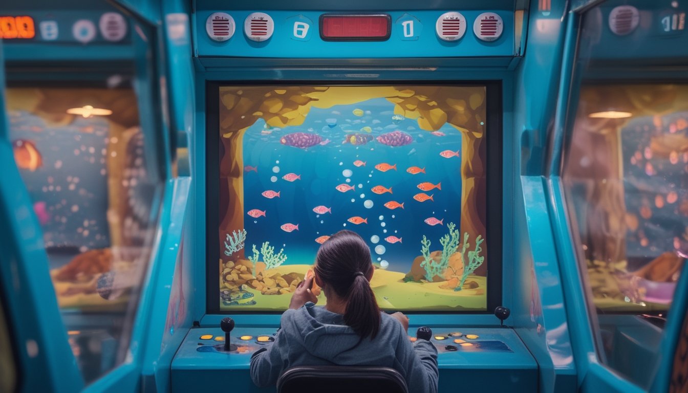 Seorang pemain mengamati layar permainan ikan di mesin arkade.