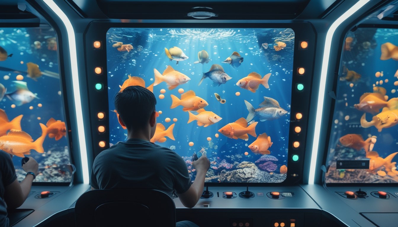 Seseorang memainkan permainan tembak ikan di mesin arkade.