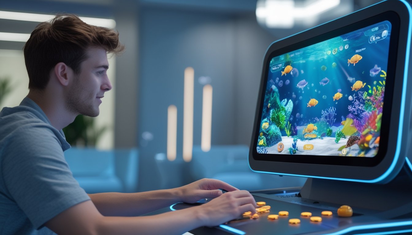 Seorang pemula memainkan permainan arcade bertema ikan di depan layar bawah laut.