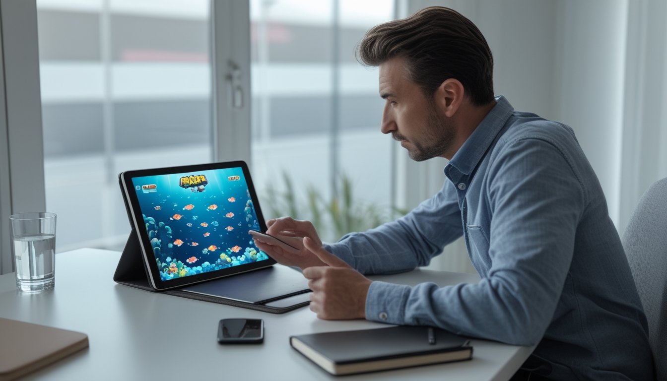 Seorang dewasa meninjau permainan ikan virtual di tablet dengan buku catatan di meja.