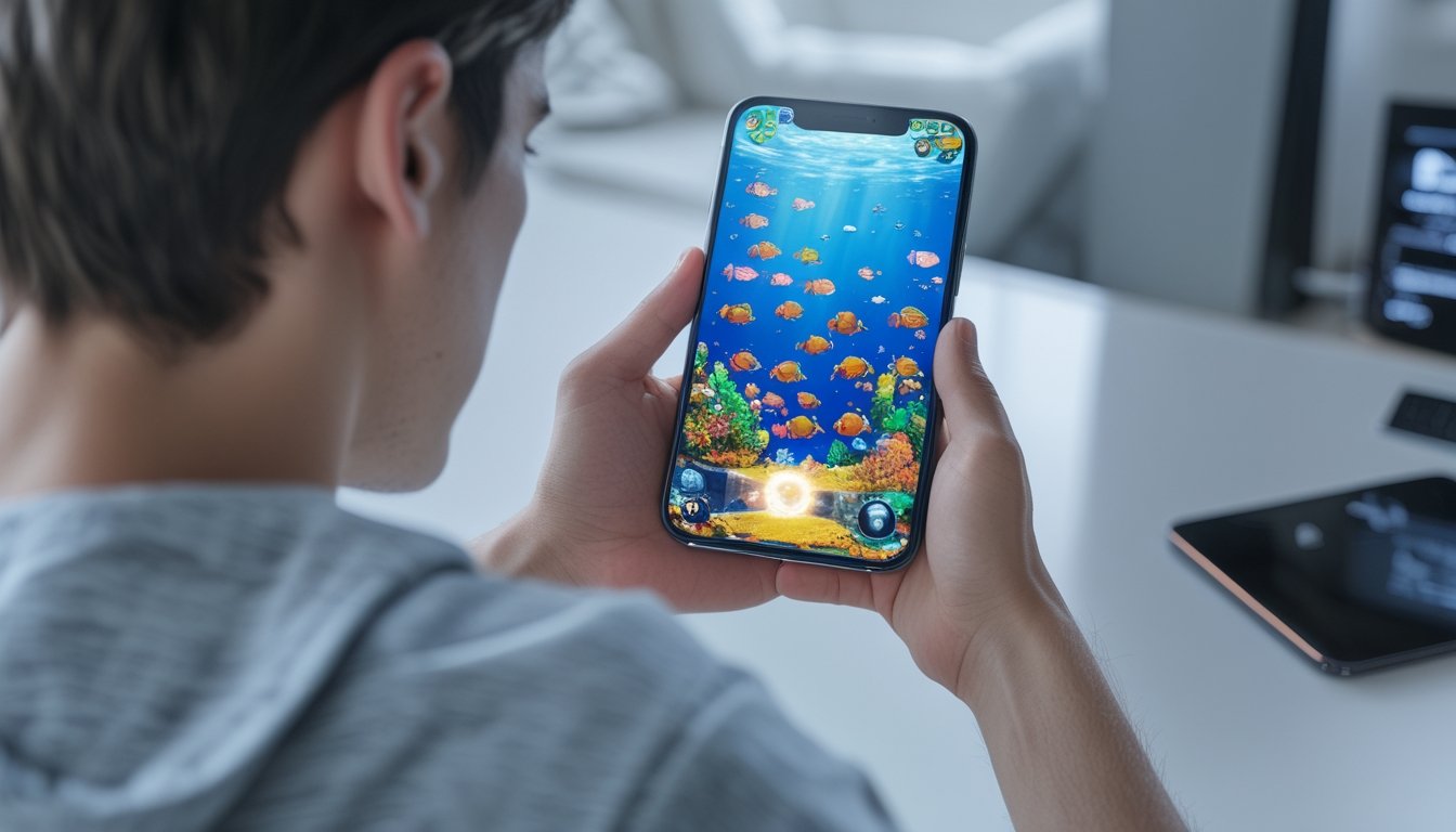 Seorang pemain menikmati permainan bertema ikan di ponsel.