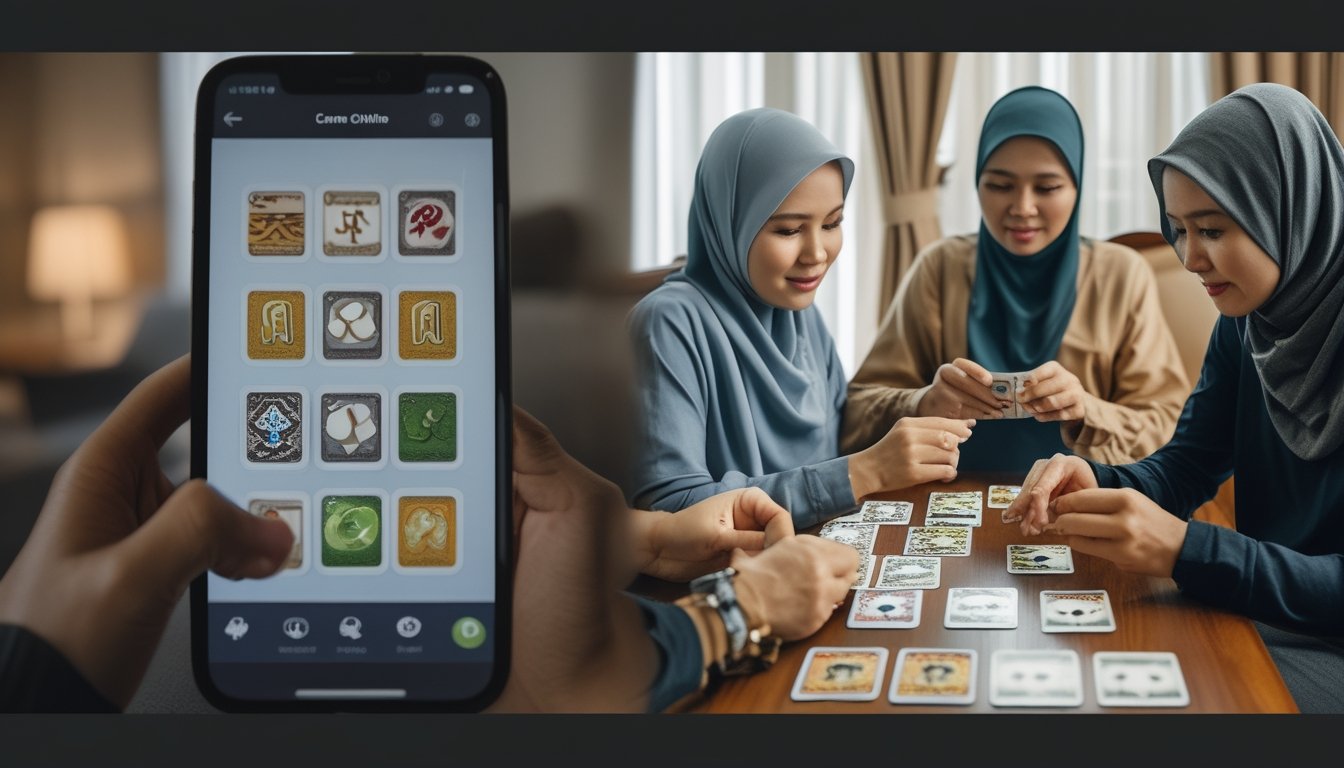 Seseorang memainkan permainan kartu lewat ponsel, sementara sekelompok orang bermain kartu bersama di meja.
