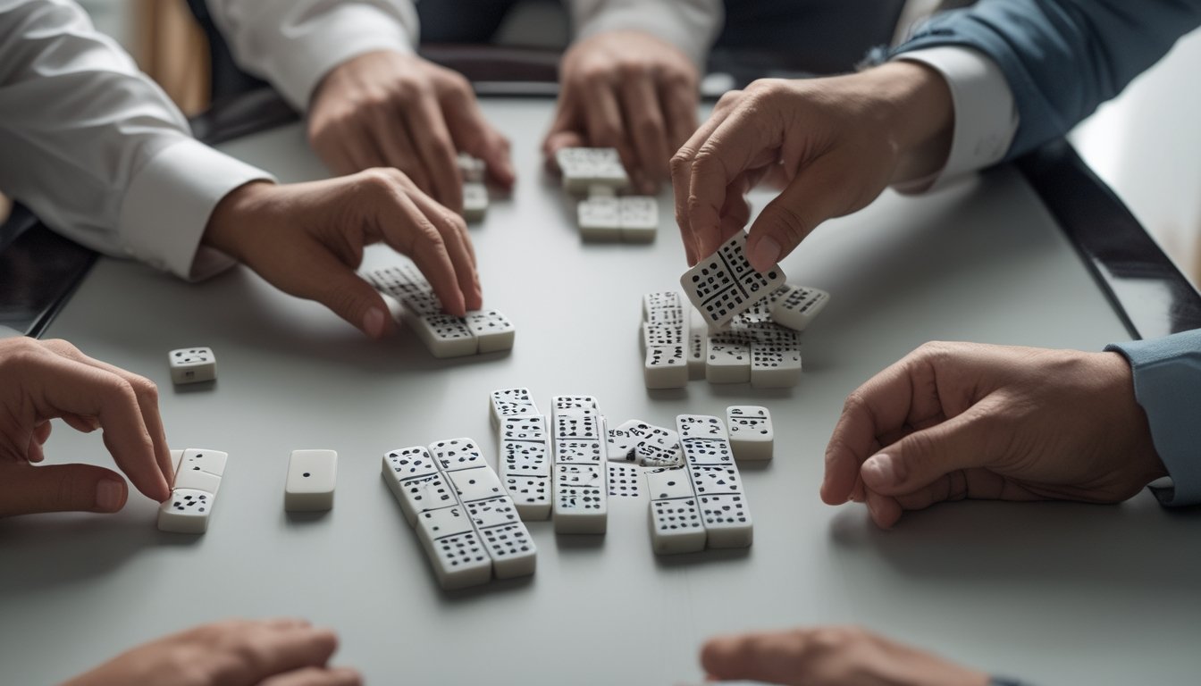 Beberapa orang memainkan satu putaran Ceme dengan domino di atas meja.