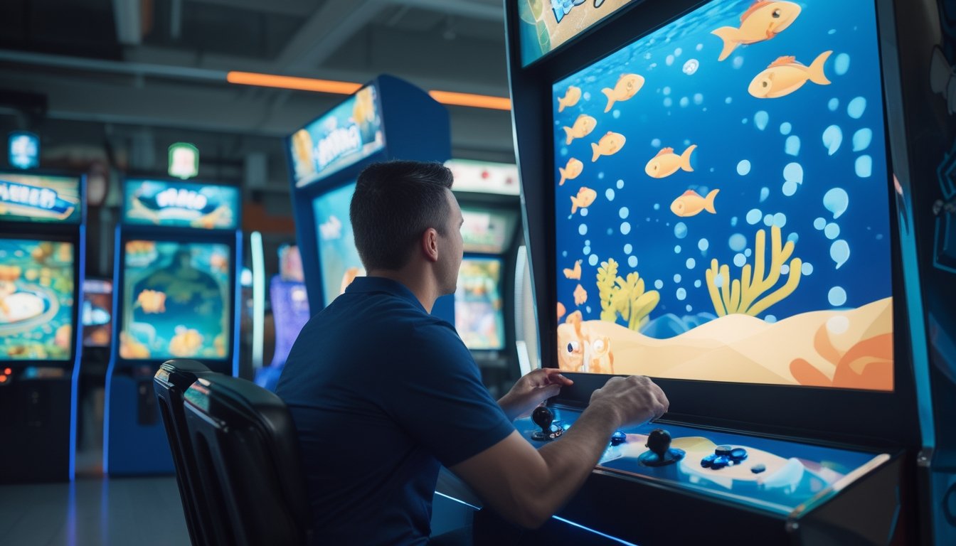Seorang pemain mengamati permainan ikan di layar mesin arcade.