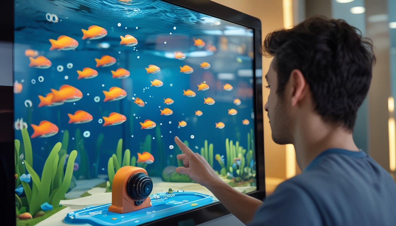 Seseorang melihat permainan digital dengan ikan berwarna-warni dan meriam di layar.