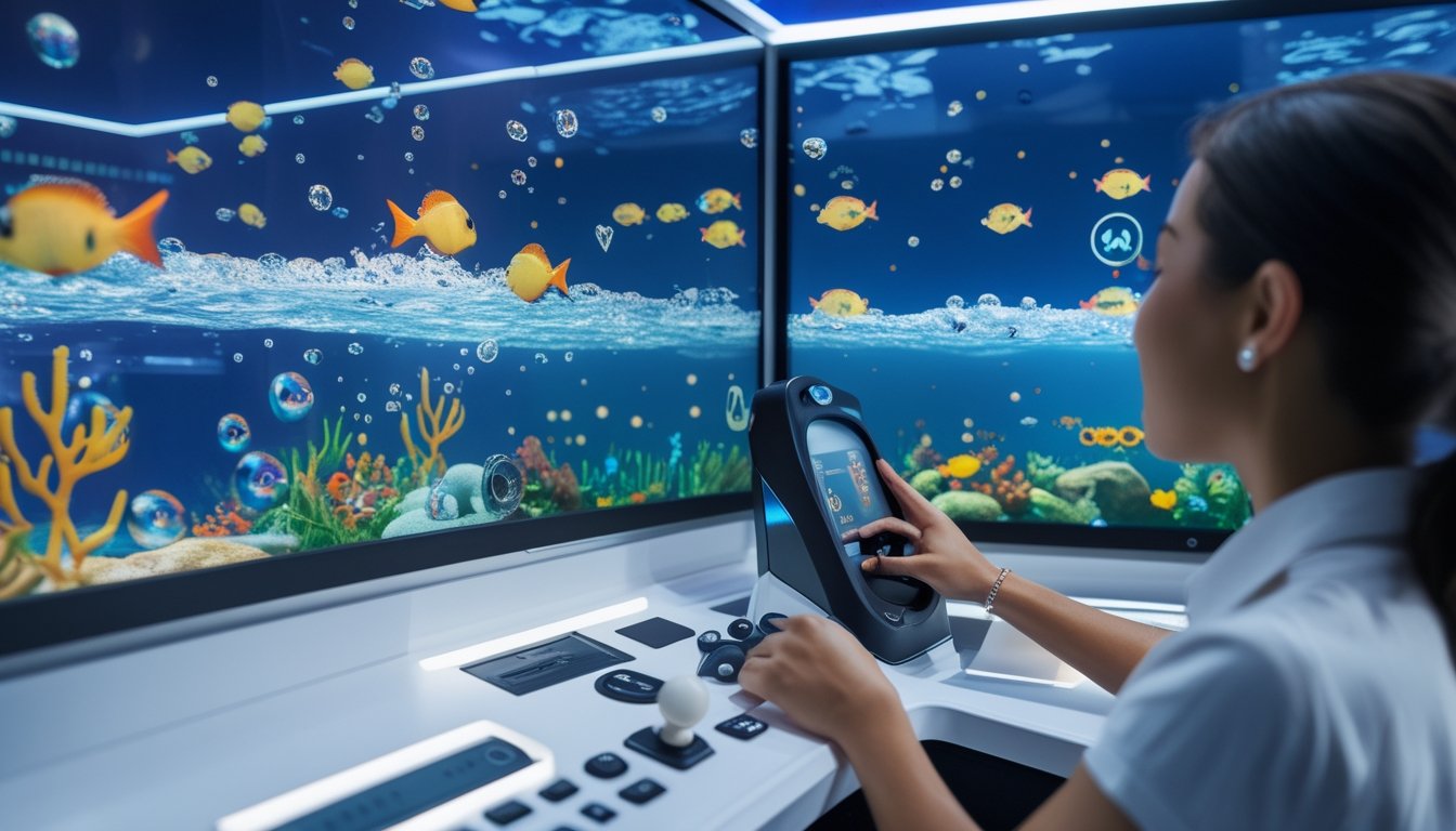 Seorang pemain menggunakan joystick dan tombol di depan layar permainan bertema ikan.