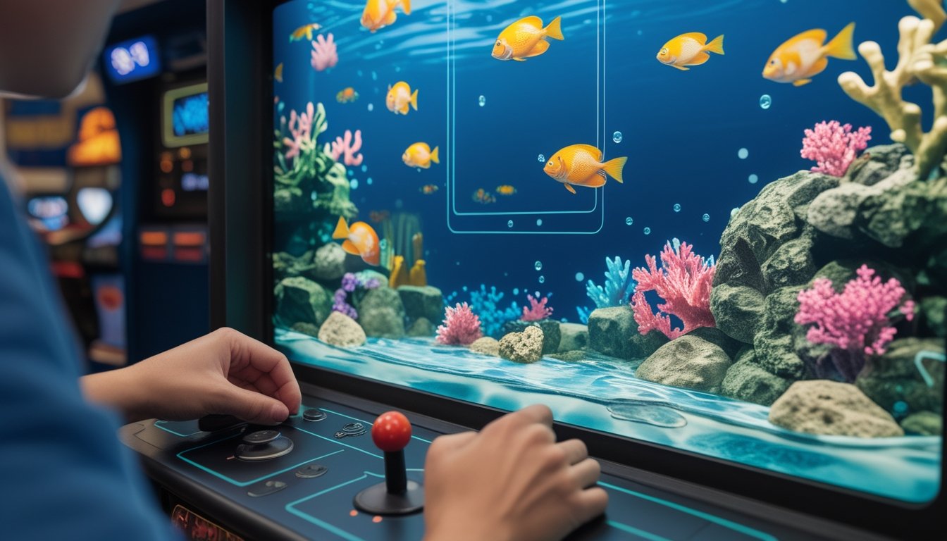 Tangan pemain mengoperasikan kontrol permainan saat ikan berenang di layar.