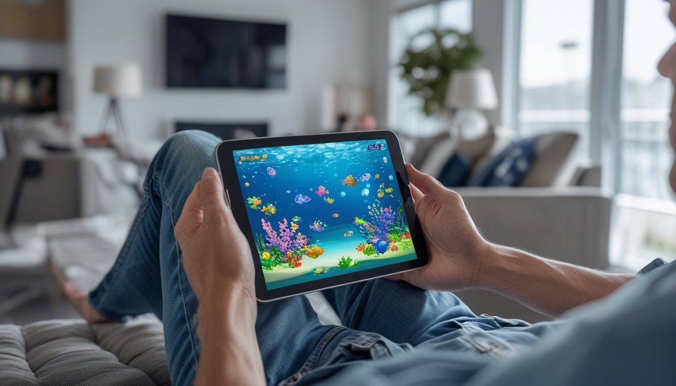 Seseorang memainkan permainan bertema ikan di tablet di ruang keluarga.