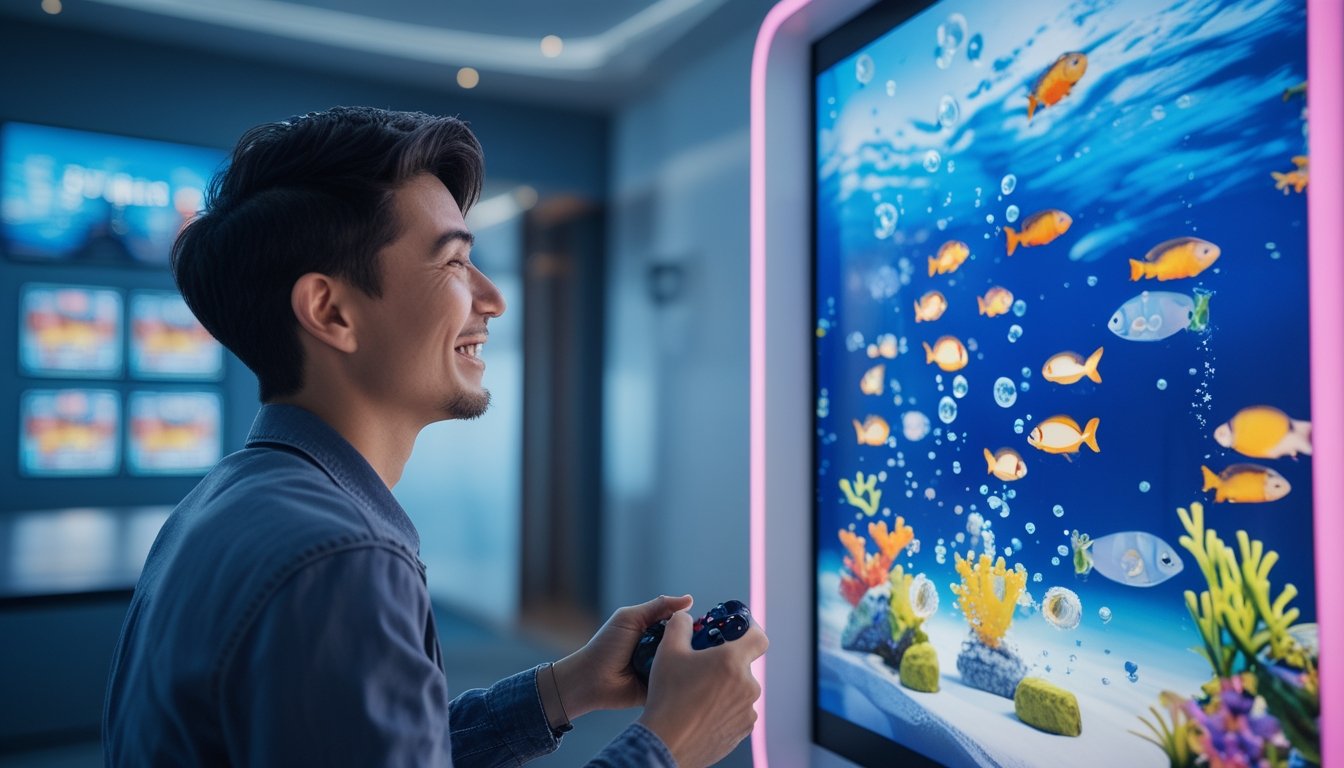 Seorang dewasa tersenyum sambil memainkan permainan bertema ikan di layar digital.