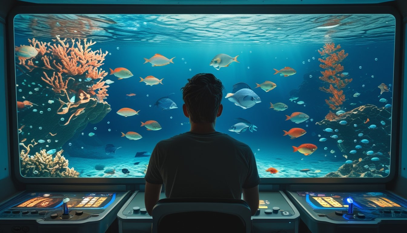 Seseorang memainkan permainan tembak ikan dengan berbagai ikan berwarna-warni di layar.