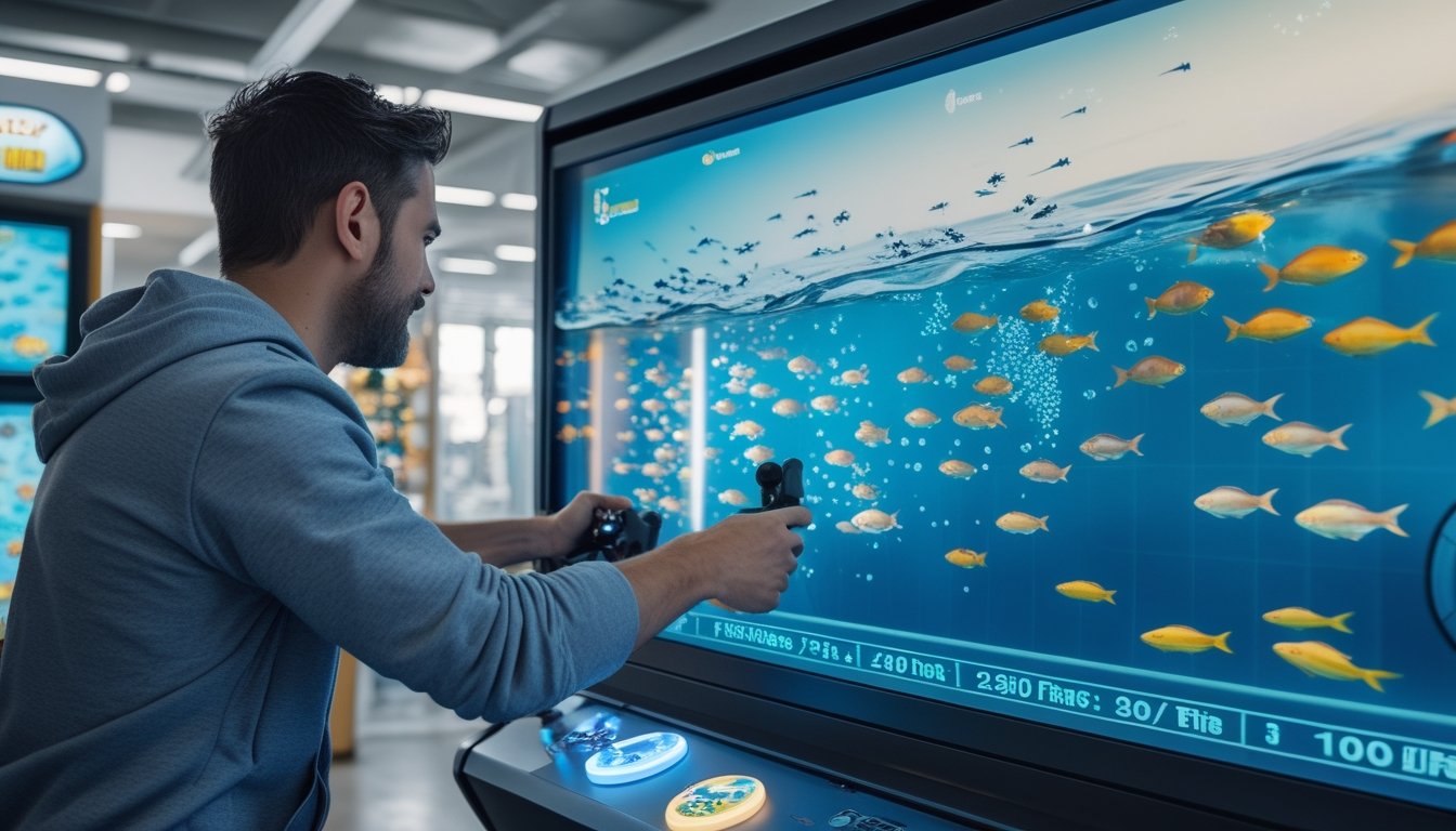 Seorang pemain menggunakan mesin permainan arcade dengan tampilan ikan di bawah laut.
