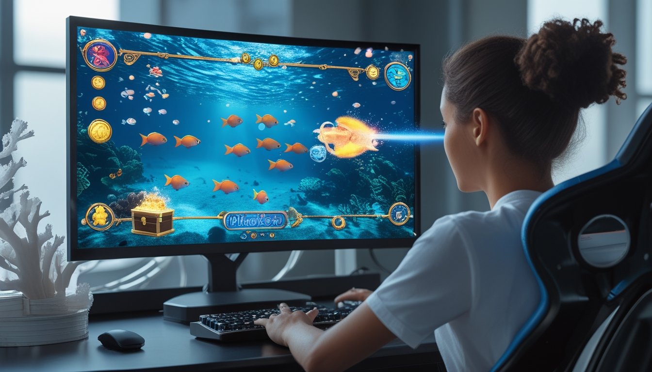 Seseorang memainkan permainan tembak ikan dengan ikan berwarna-warni dan efek bonus di layar.