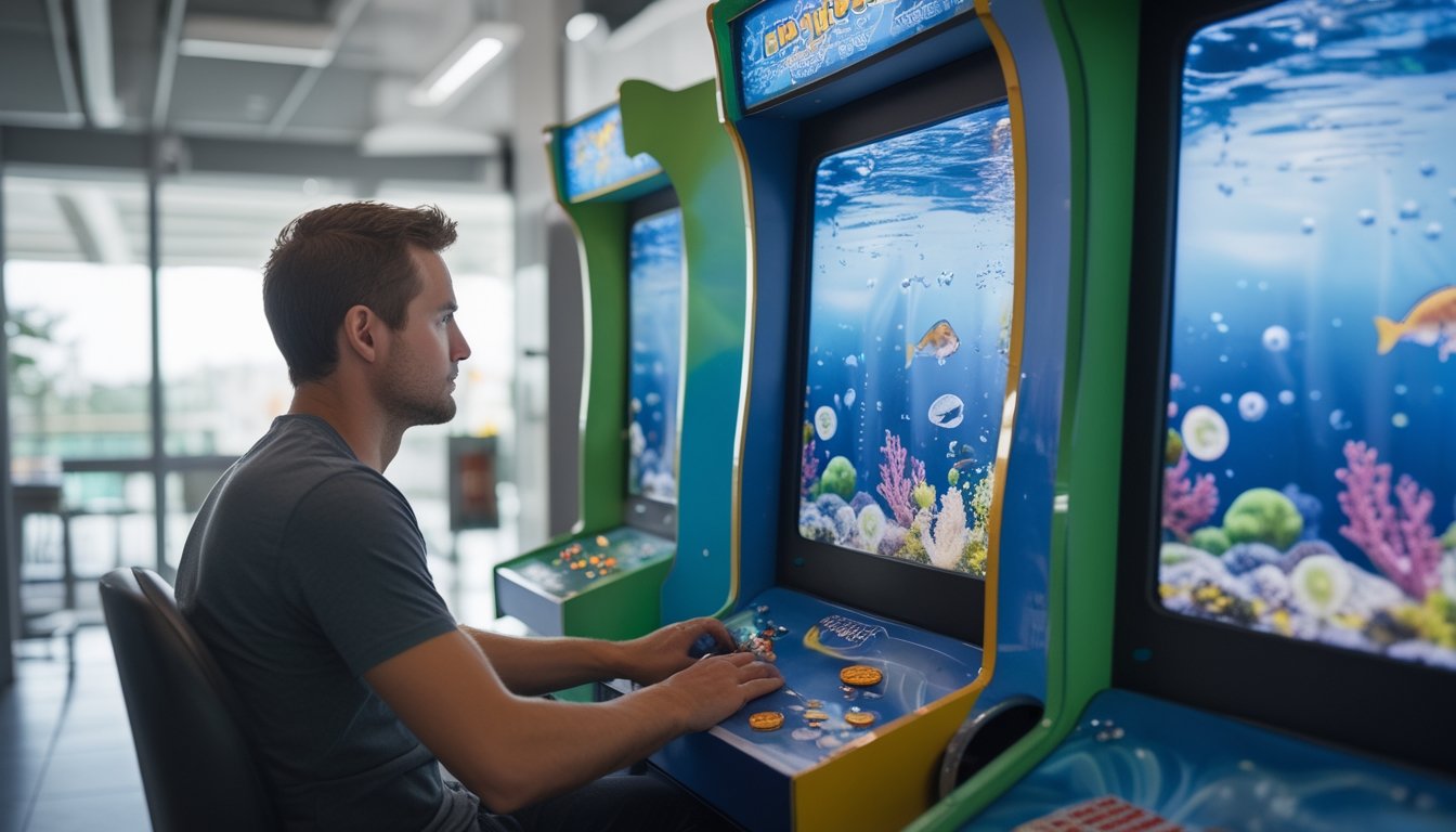 Seorang dewasa mempertimbangkan permainan tembak ikan di mesin arcade.