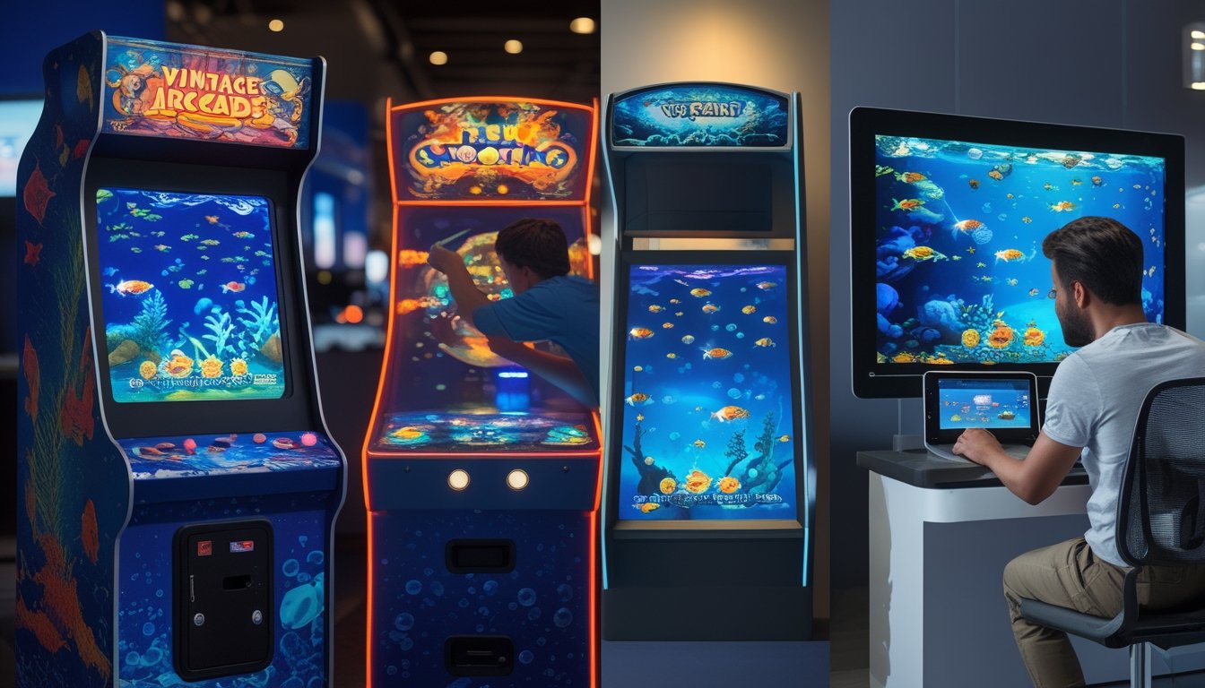 Mesin arkade dan perangkat digital menampilkan permainan menembak ikan.