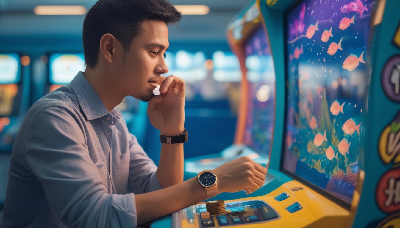 Seseorang memeriksa jam tangan sambil memegang beberapa token di depan permainan tembak ikan.