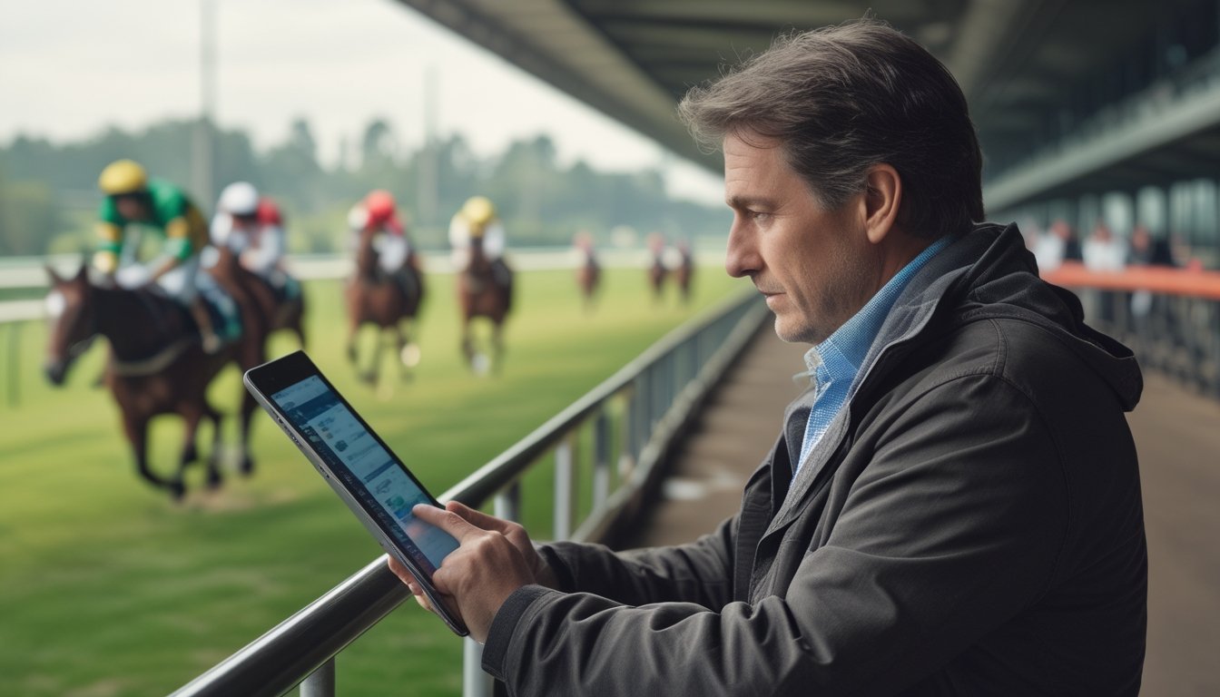 Seorang penonton meninjau informasi pada tablet sambil menyaksikan balapan kuda.