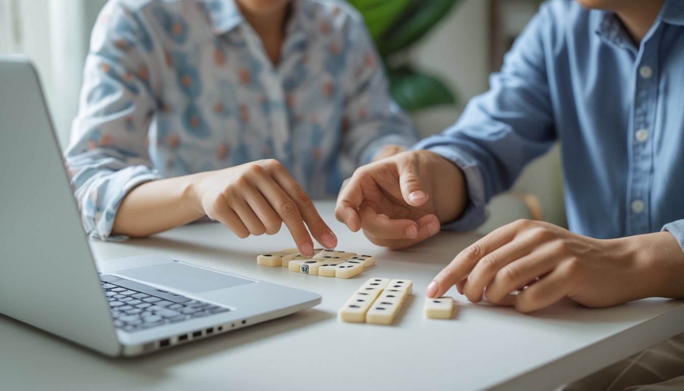 Dua orang belajar bermain ceme dengan domino di atas meja.
