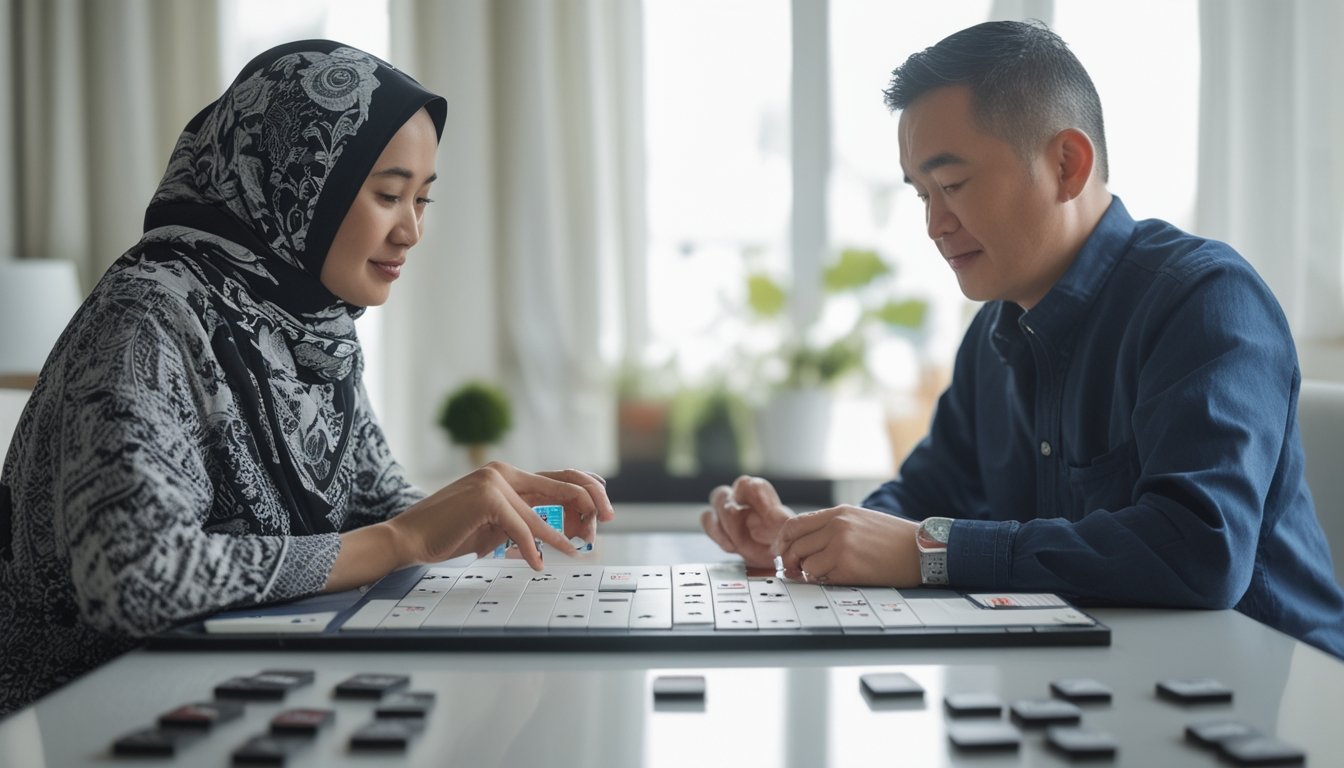 Dua orang belajar memainkan Ceme dengan domino di atas meja.