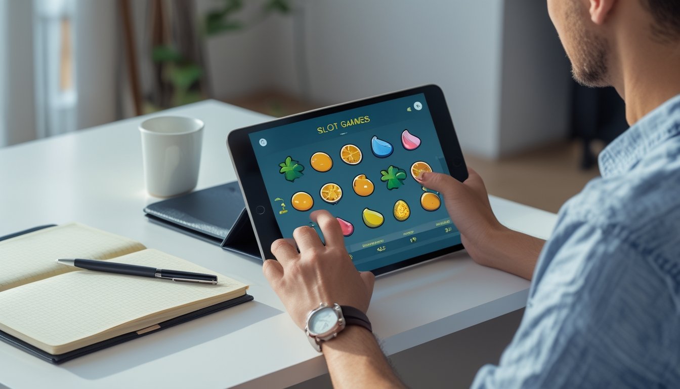 Seorang pemula mempelajari permainan slot online melalui tablet di meja.
