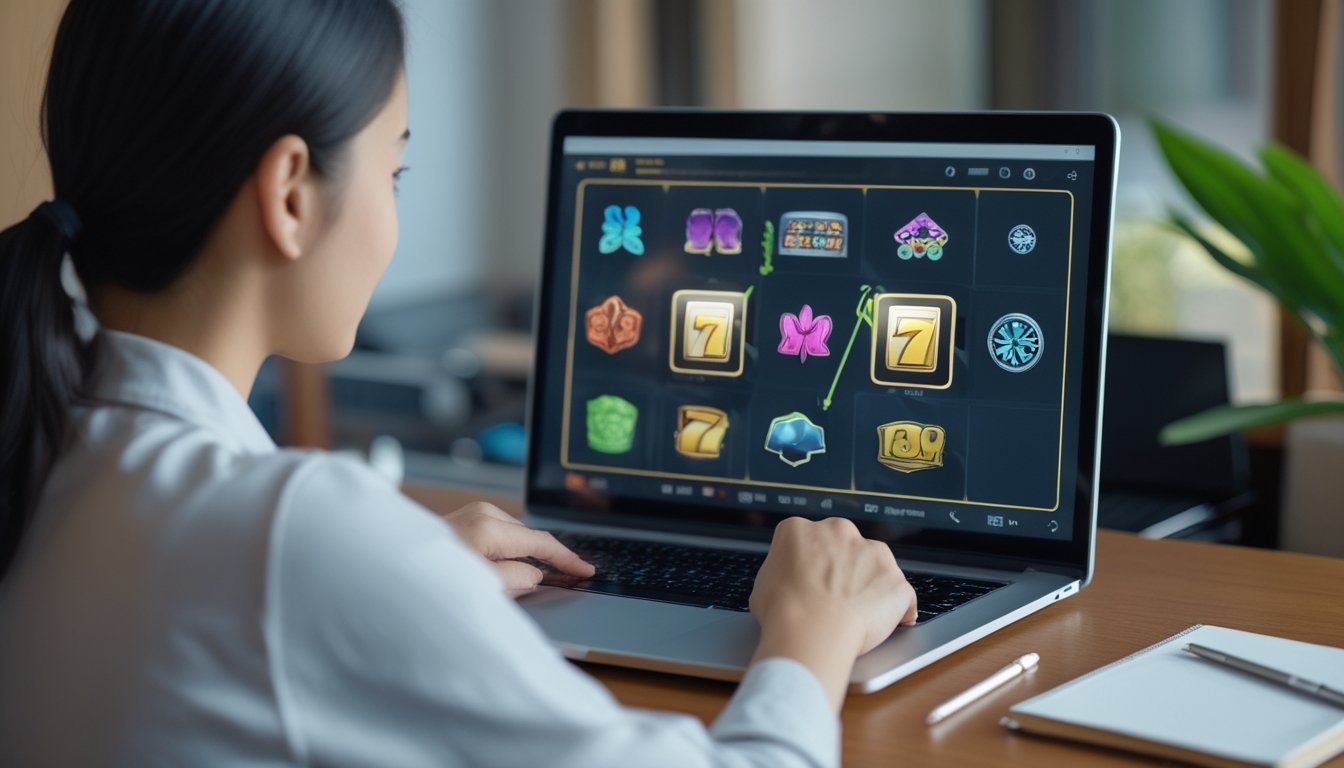 Seseorang mempelajari permainan slot di laptop sambil mencatat di meja.