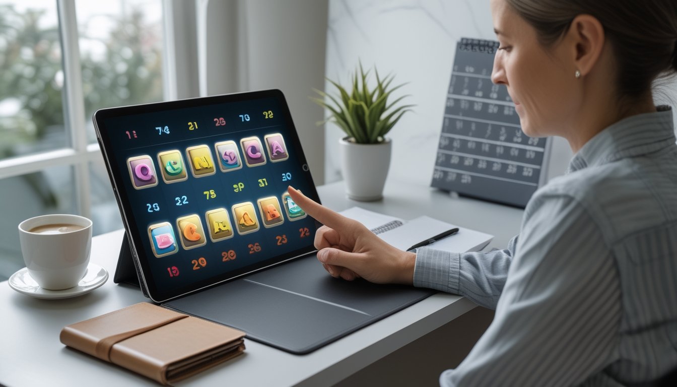 Seseorang meninjau permainan slot di tablet di meja yang rapi.