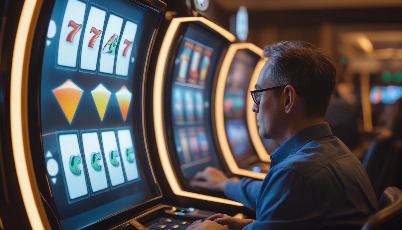 Seseorang mengamati gulungan simbol pada mesin slot digital.