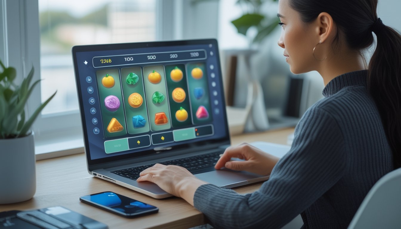 Seseorang mempelajari permainan slot daring di laptop di meja kerja.
