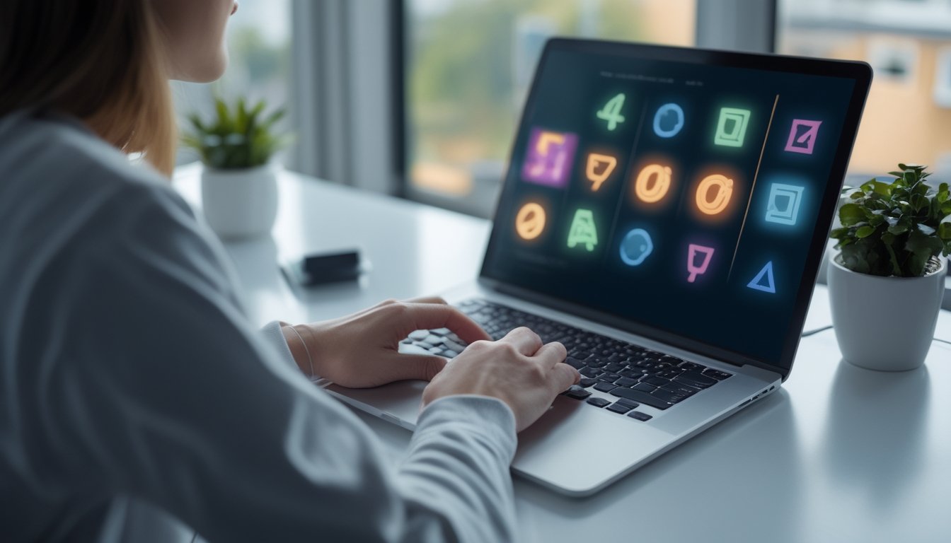 Seseorang mempelajari tampilan permainan slot di laptop.