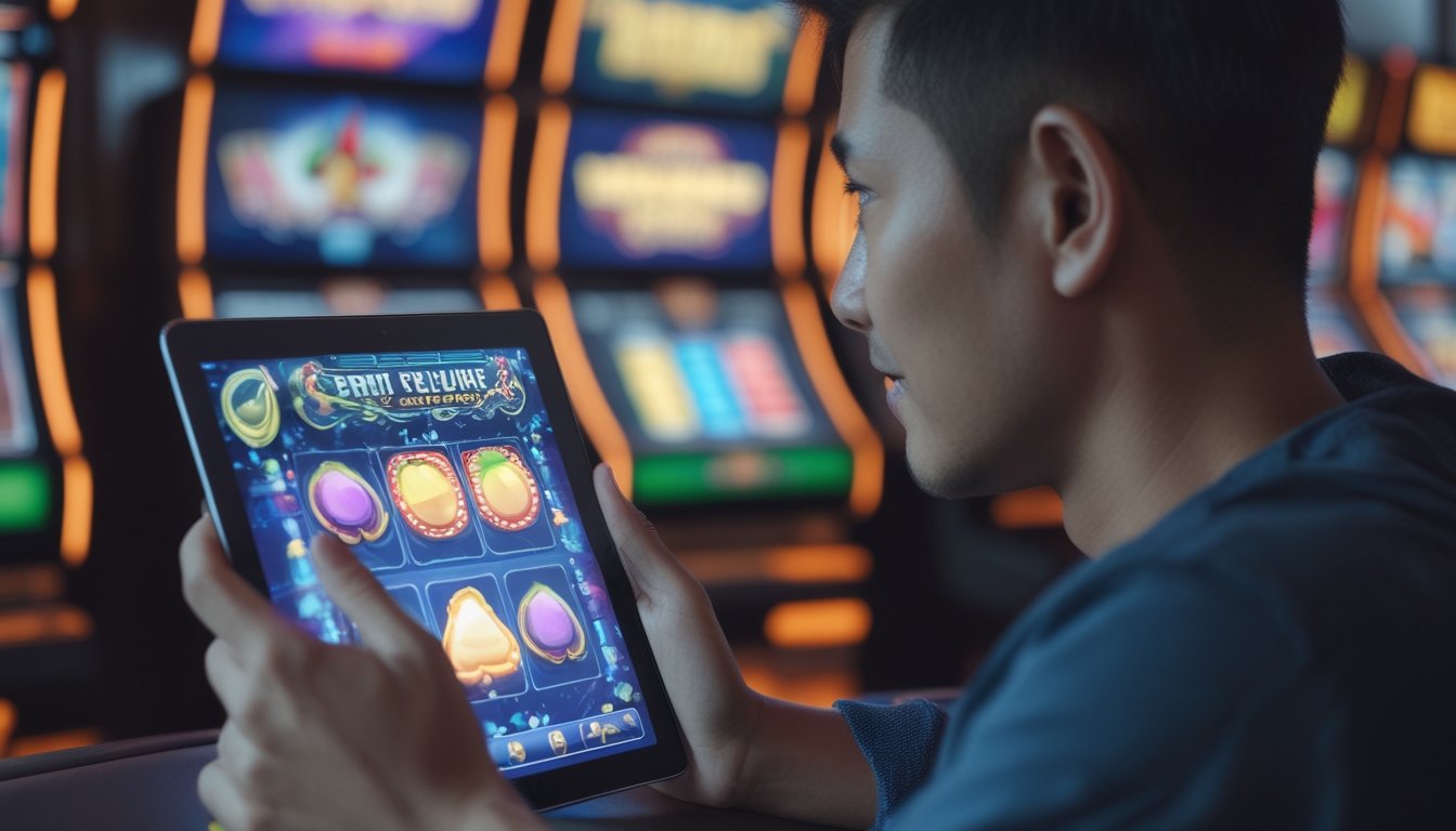 Seseorang mengamati permainan slot di tablet di dalam ruang hiburan.