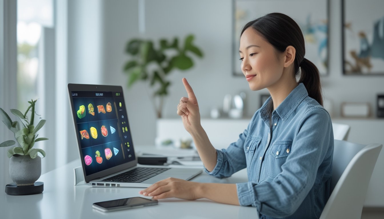 Seorang perempuan membandingkan pilihan permainan slot di laptopnya.