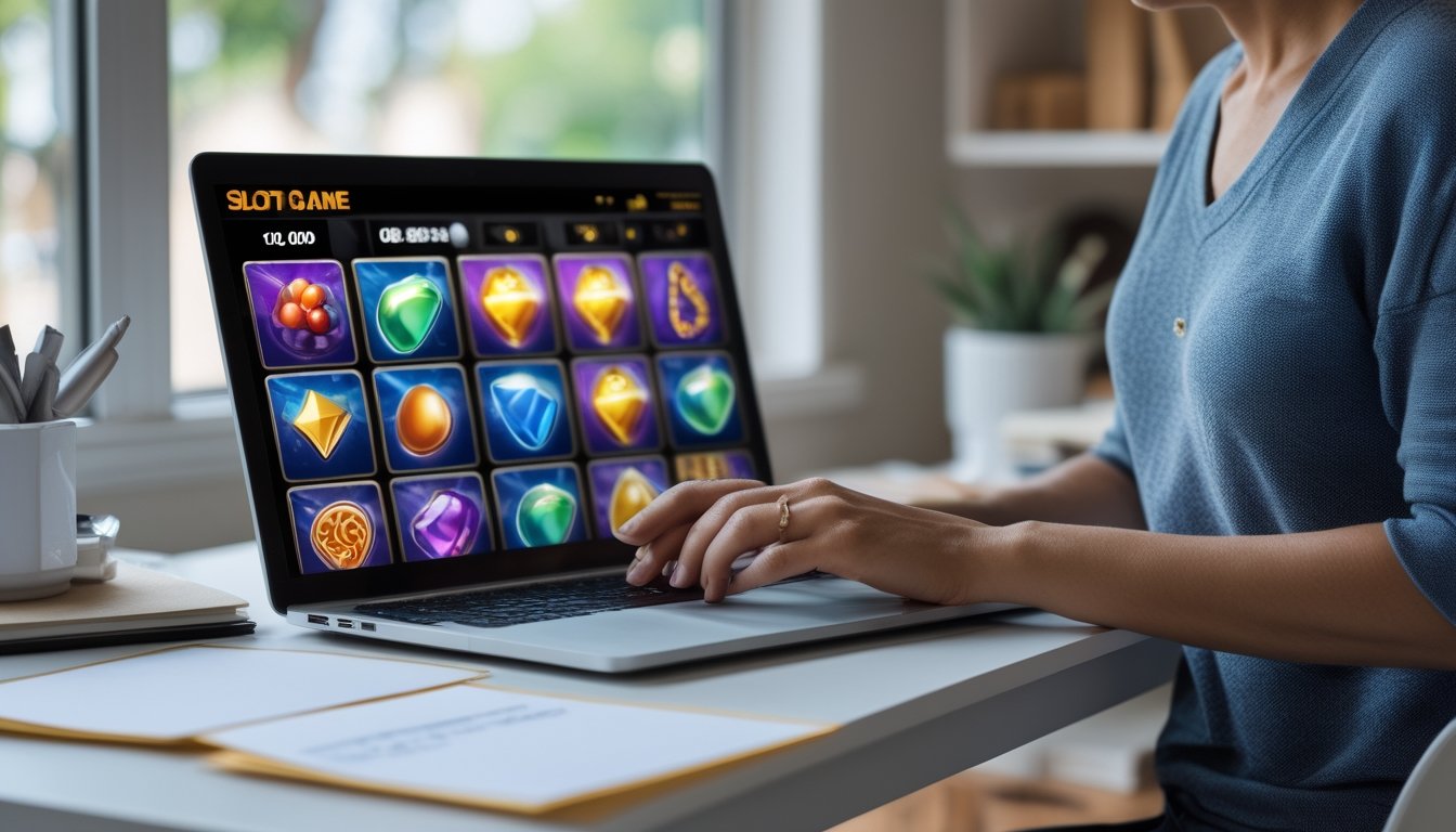 Seorang dewasa membandingkan pilihan permainan slot di laptop.
