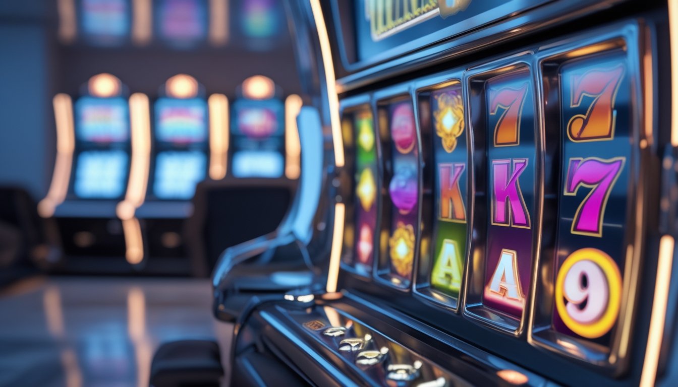 Mesin slot dengan gulungan simbol berwarna-warni di ruangan hiburan.