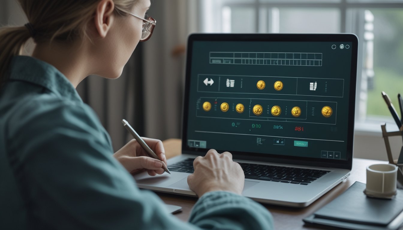 Seseorang memeriksa tampilan permainan slot dan grafik di laptop.