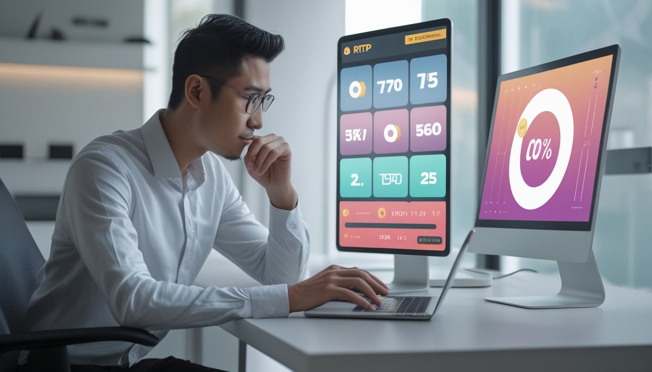 Seorang analis mengamati grafik dan tampilan permainan slot di meja kerja.