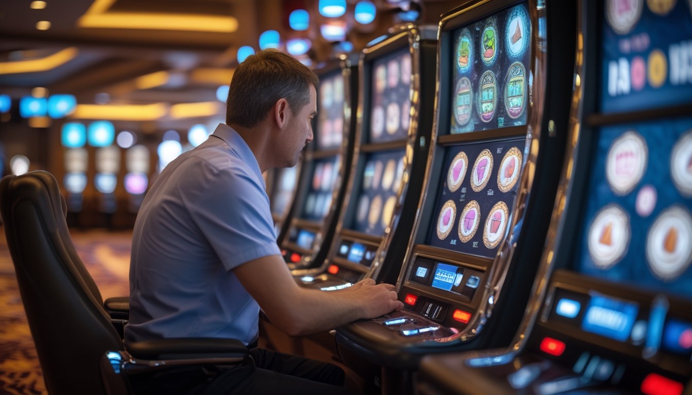 Seseorang mengamati mesin slot di kasino modern.