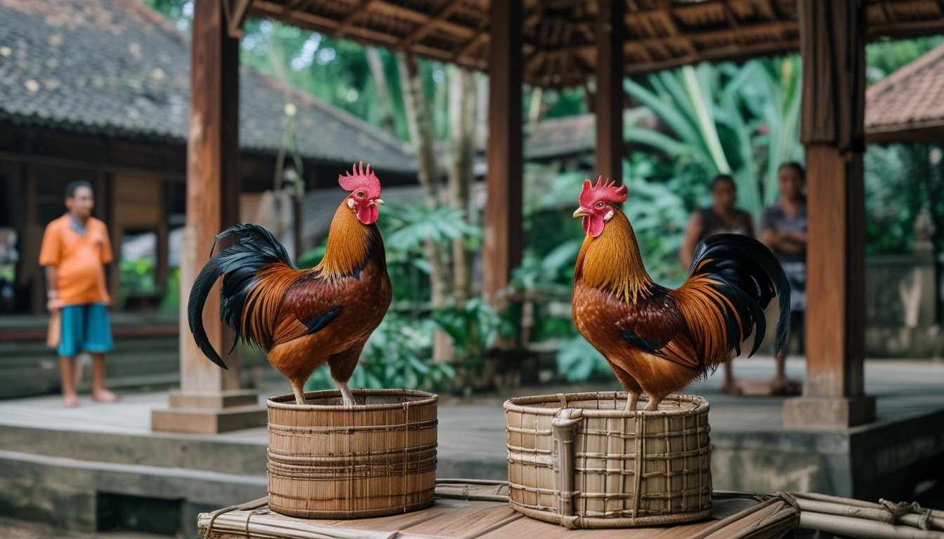 Dua ayam jantan berada di keranjang bambu di halaman desa, sementara beberapa orang mengamati dari kejauhan.