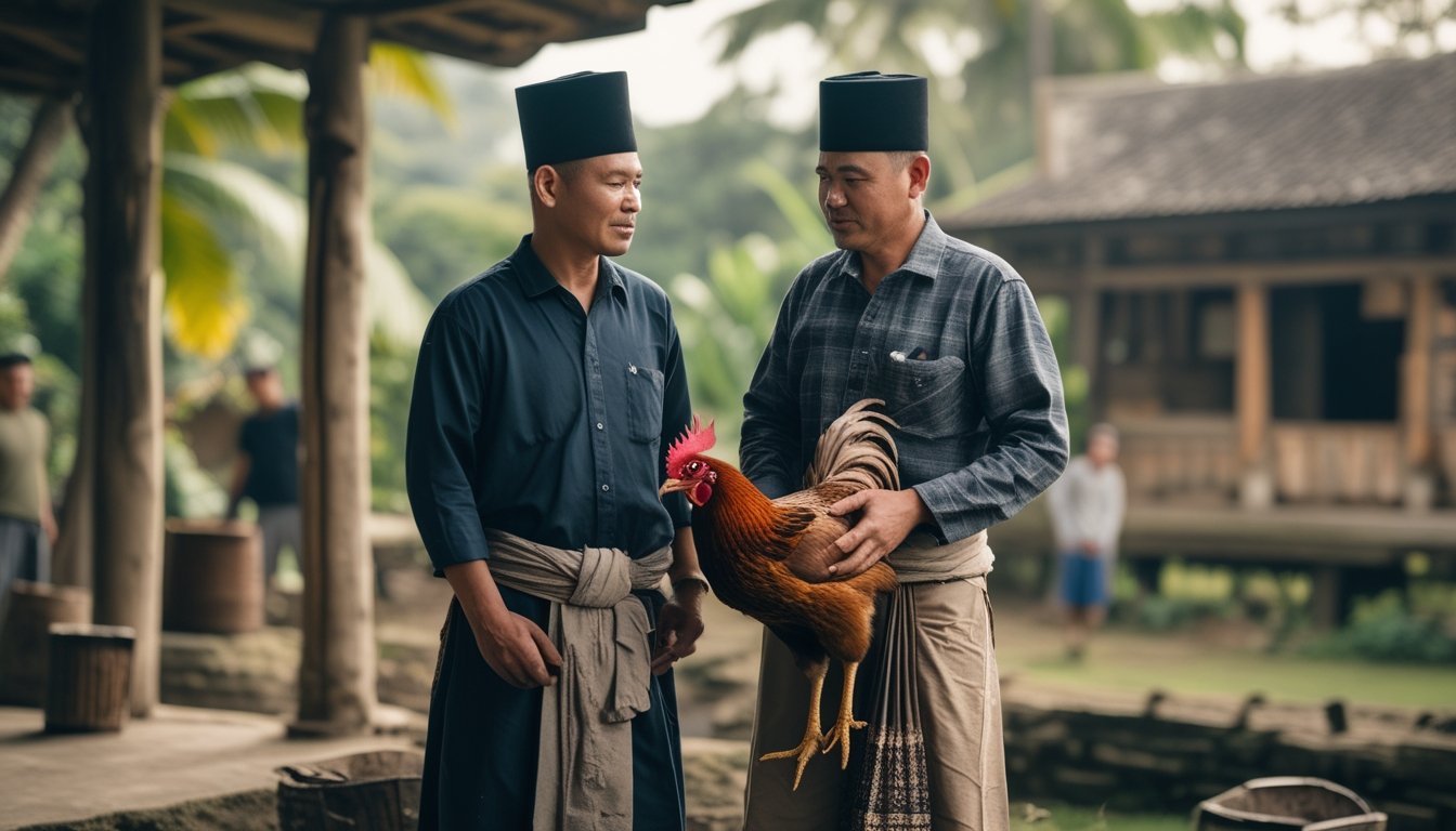 Dua pria berbincang di halaman desa, dengan seekor ayam jantan di dekat mereka.