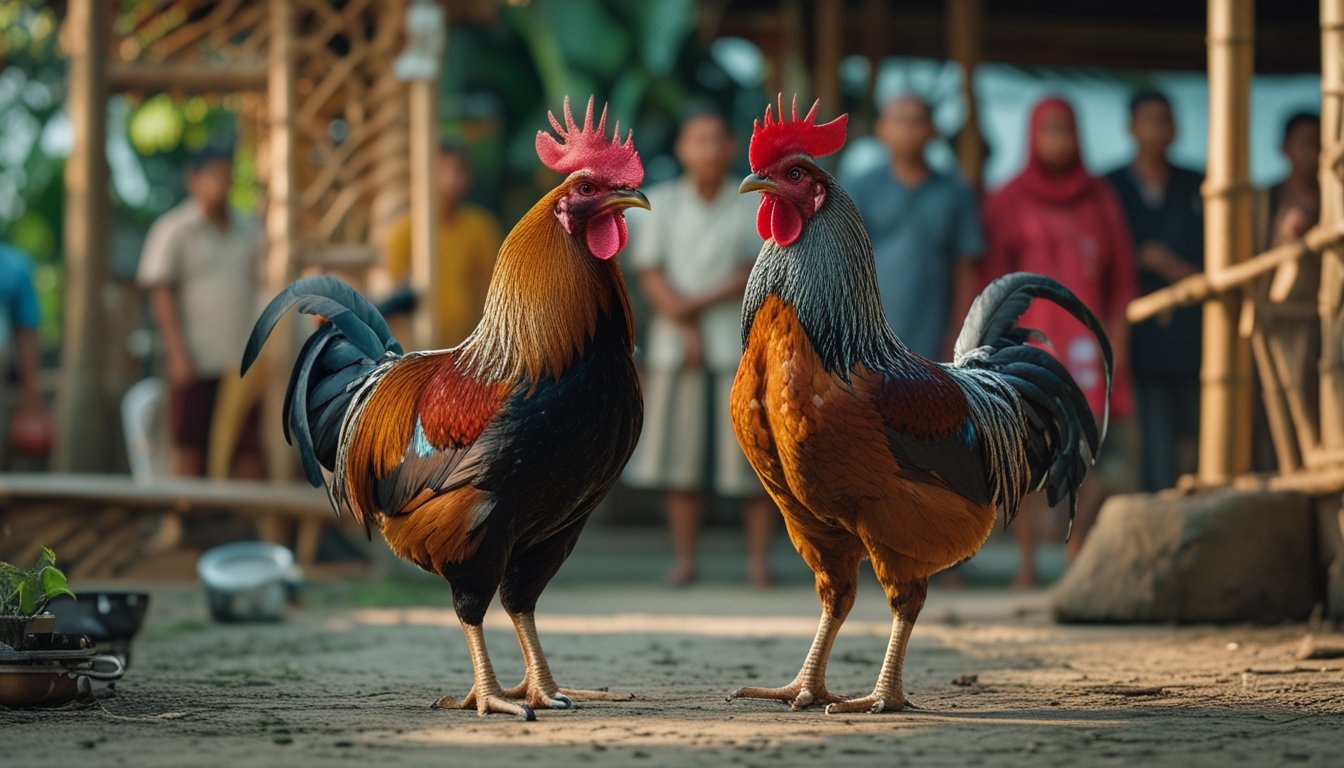 Dua ayam jantan berdiri di halaman desa dengan warga mengamati dari kejauhan.