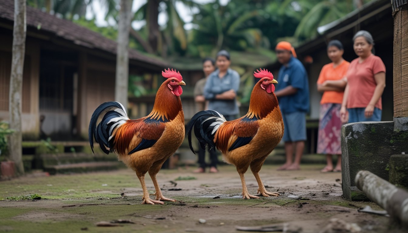Dua ayam jantan berdiri tenang di halaman desa sementara warga berbincang di dekatnya.