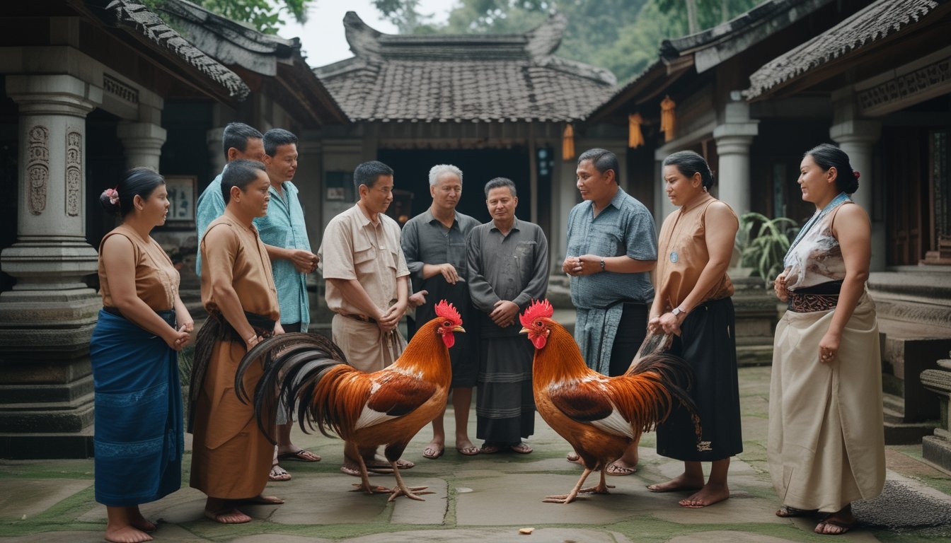 Warga berkumpul di halaman desa, mengamati ayam jantan yang dipegang oleh pemiliknya.