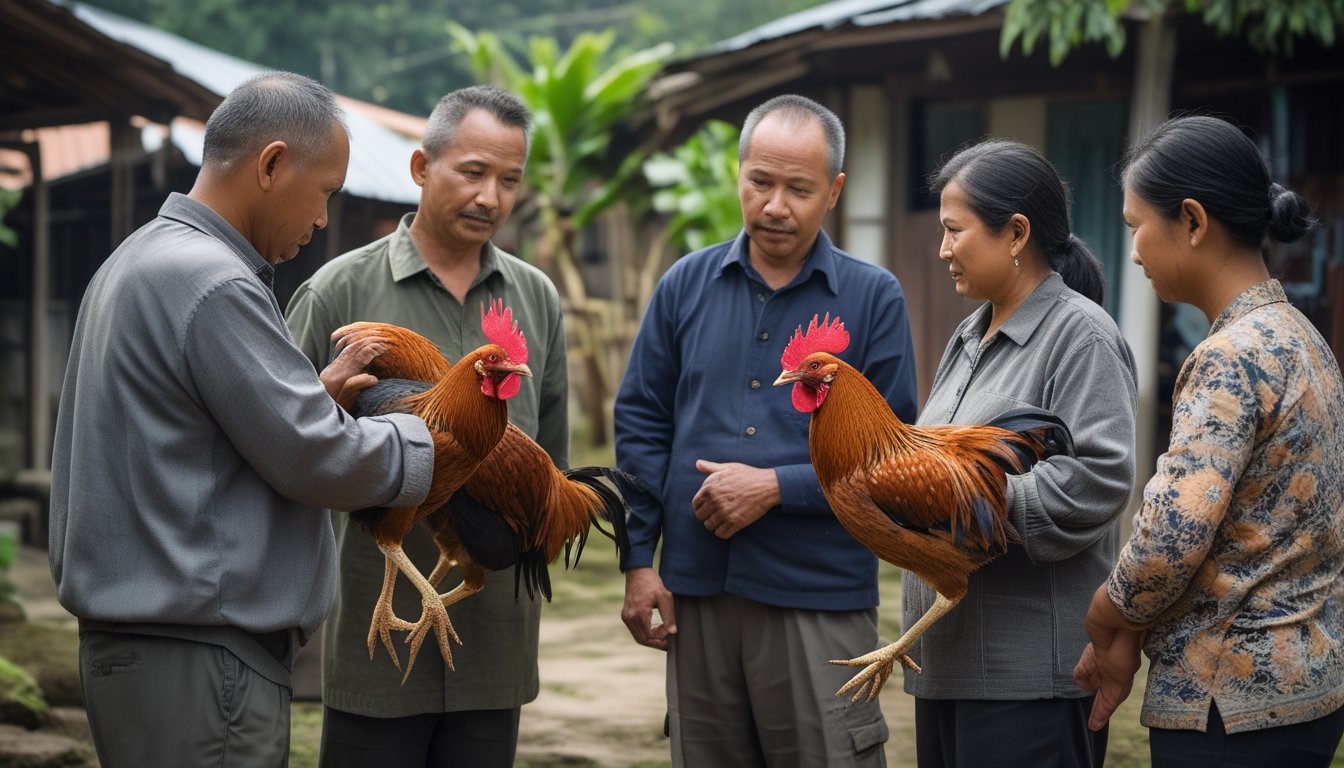 Warga desa berkumpul mengamati ayam jantan yang dipegang oleh pemiliknya.