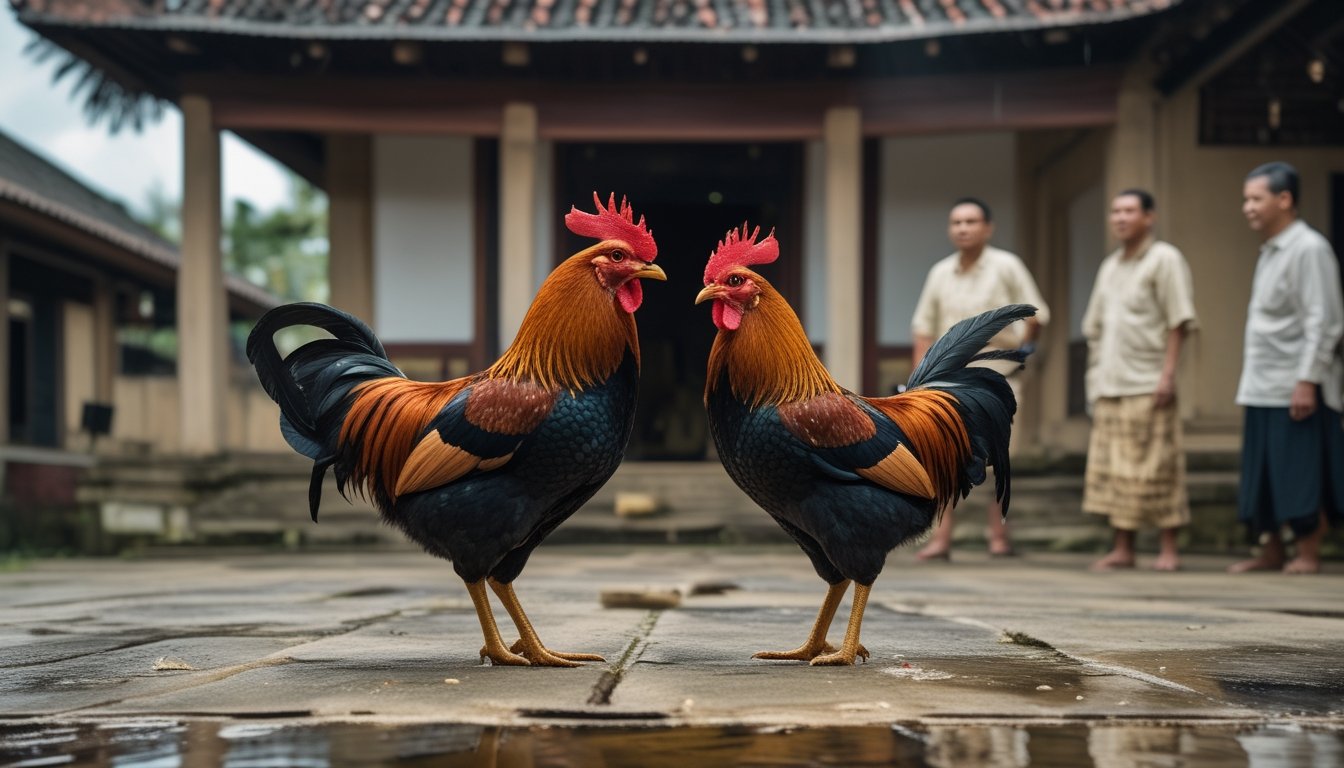 Dua ayam jantan berdiri di halaman desa, dengan bangunan tradisional dan modern serta beberapa orang di latar belakang.
