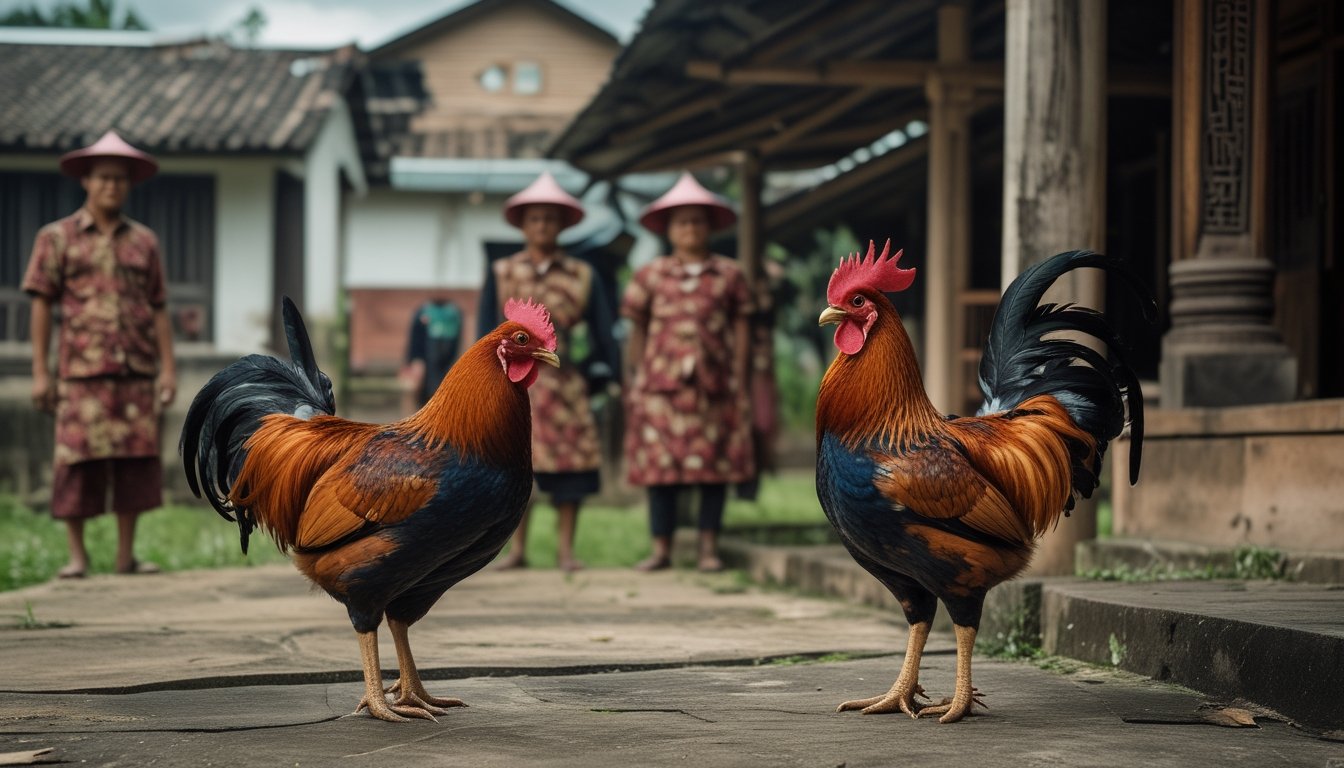 Dua ayam jantan berdiri di halaman desa sementara beberapa warga mengamatinya.