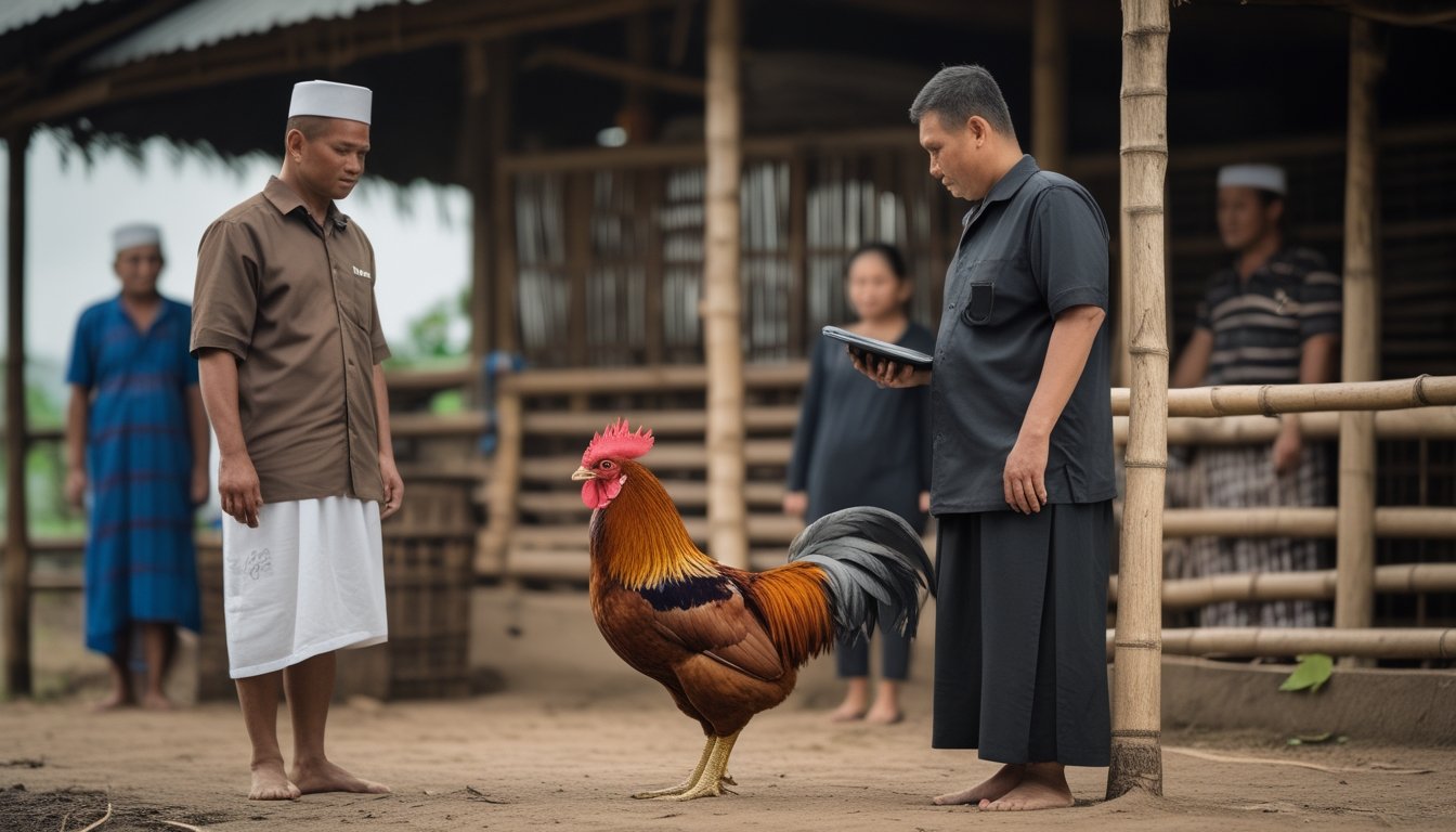 Dua pria mengamati ayam jantan yang tenang di dalam kandang terbuka.