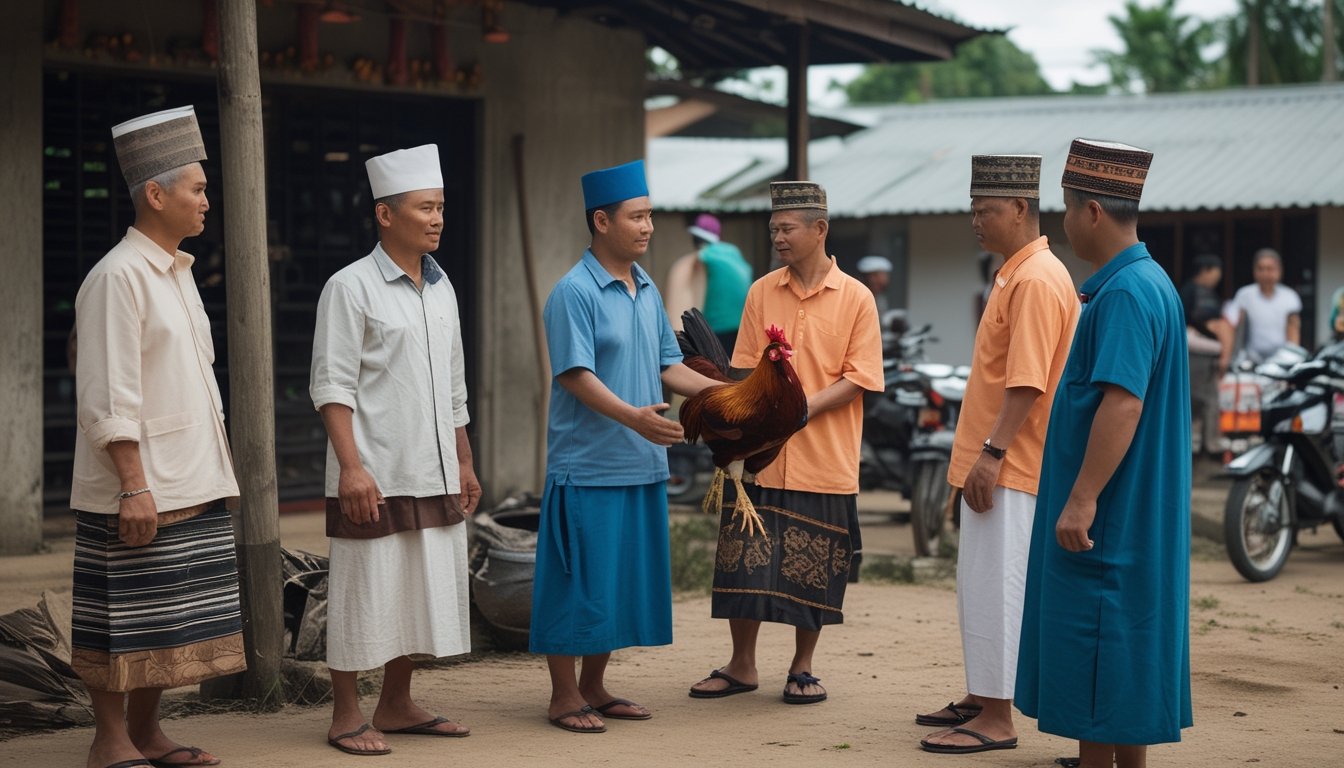 Warga desa berbincang lintas generasi di dekat seekor ayam jantan.