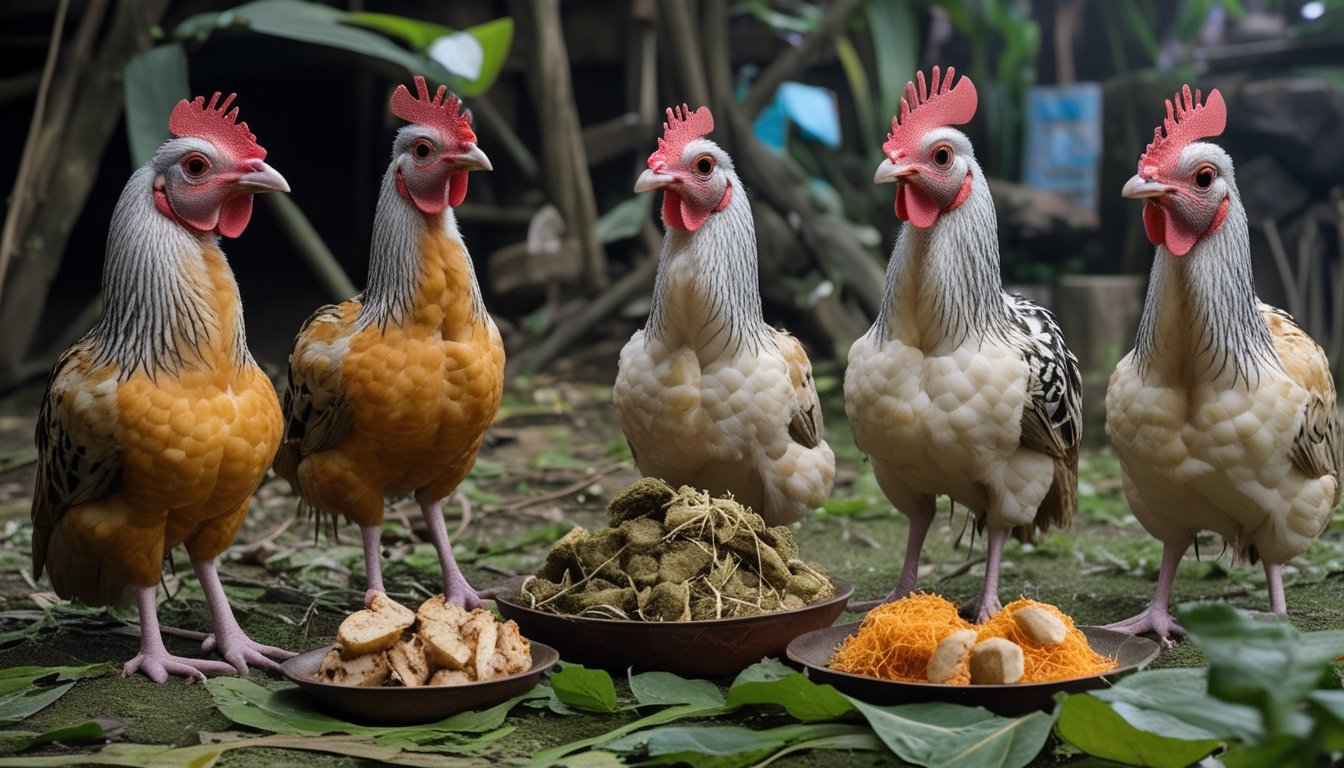 Tiga ayam jantan dengan warna dan bentuk berbeda berdiri di halaman desa, sementara seorang pengamat memperhatikannya.