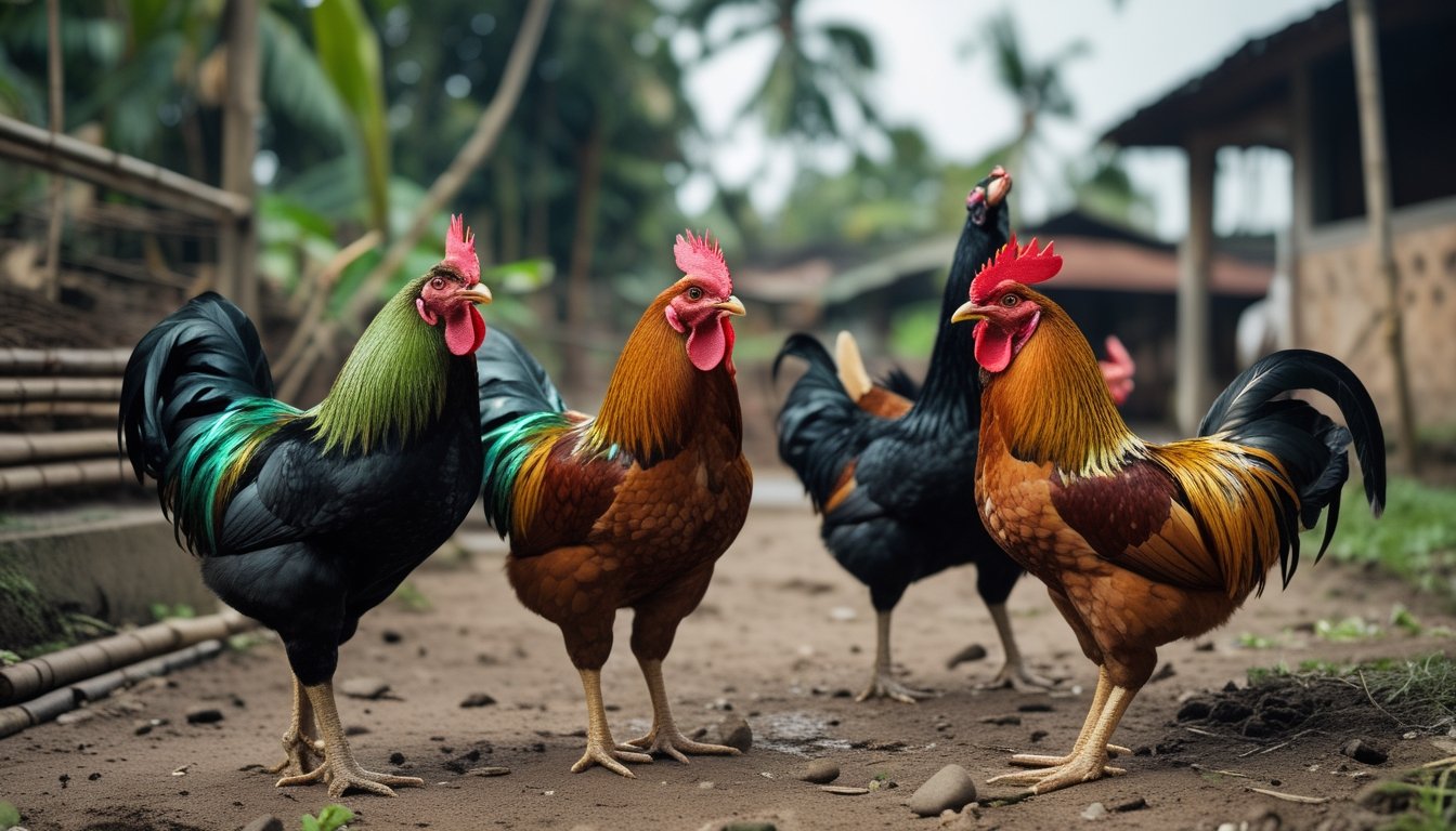 Beberapa ayam jantan dengan warna bulu berbeda berdiri di halaman pedesaan.