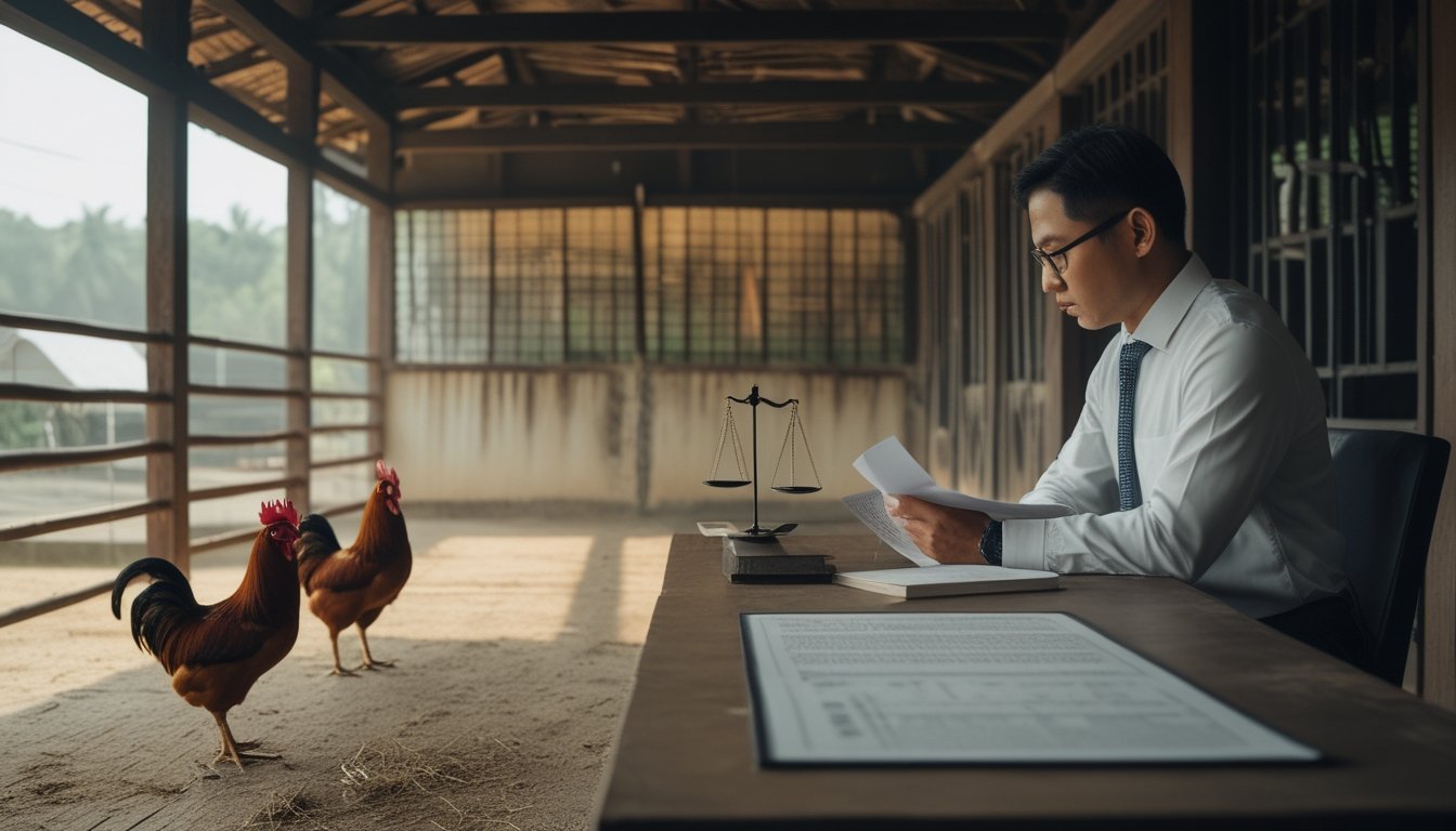 Seorang ahli hukum meninjau dokumen di dekat arena sabung ayam yang kosong, dengan ayam jantan berada di kandang terpisah.